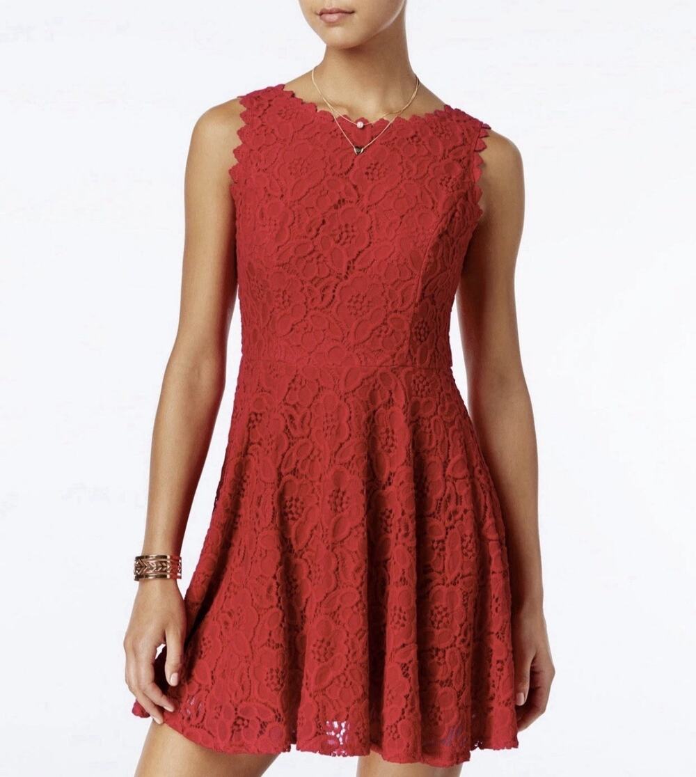 City Studio Dress Sz S Fit Flare Red Floral Lace Party Wedding Romantic Coquette